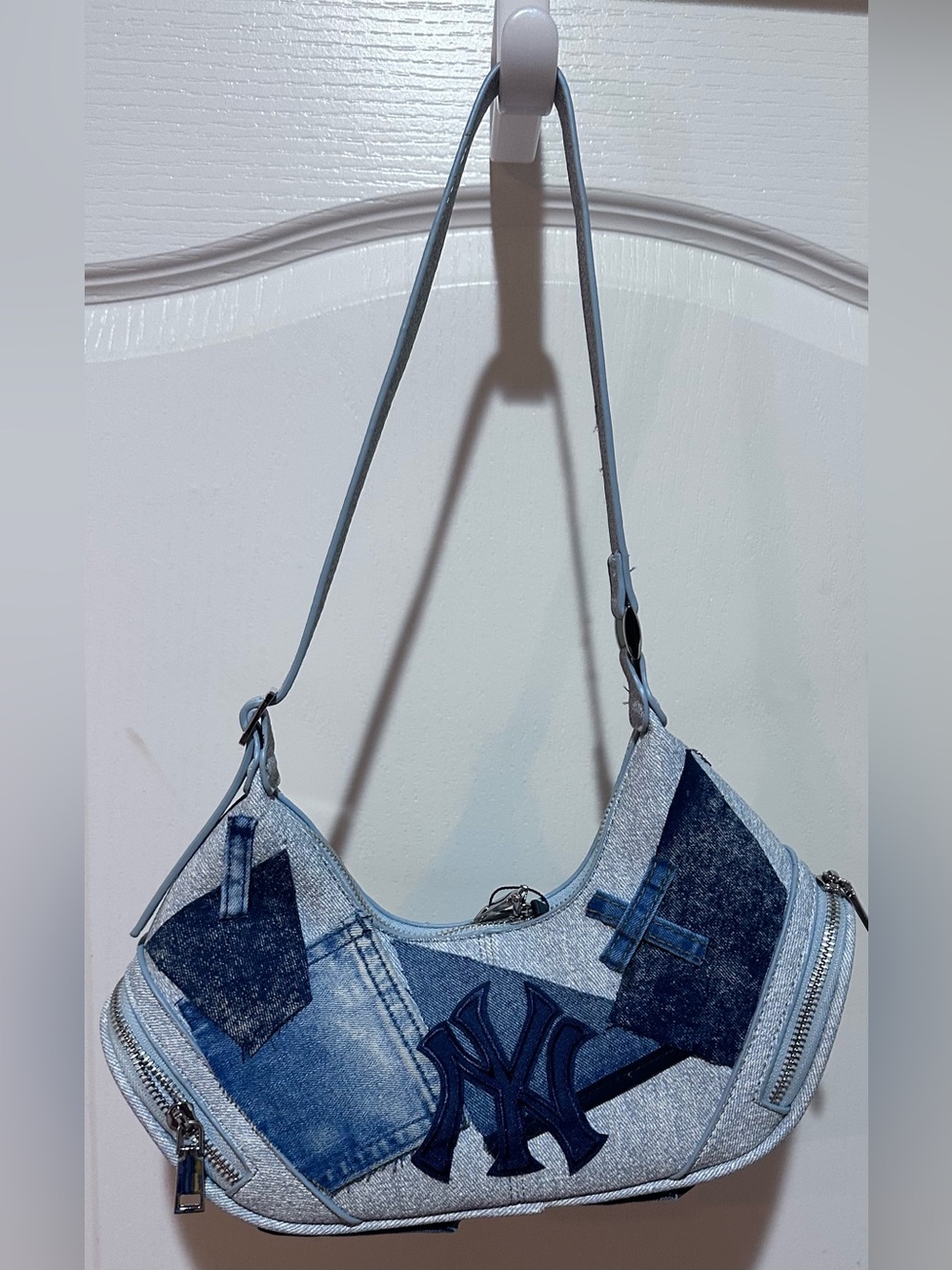 Upcycled New York inspired Denim Patchwork Shoulder Bag - Picture 3 of 7